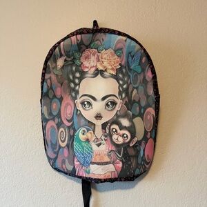 Frida Kahlo Multicolor Side Pockets Backpack, Size 4.5x12x14.5